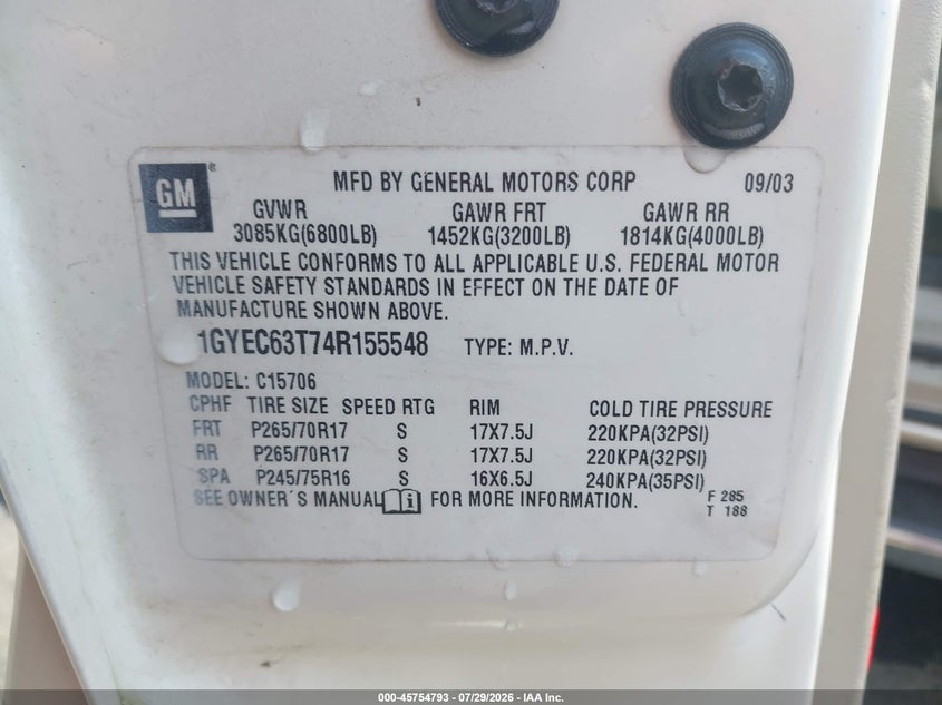 2004 Cadillac Escalade VIN 1GYEC63T74R155548 IAAI salvage auction — RIGHT SIDE, Salvage (North Carolina), sold $650 on 2026-08-22 (photo 9)