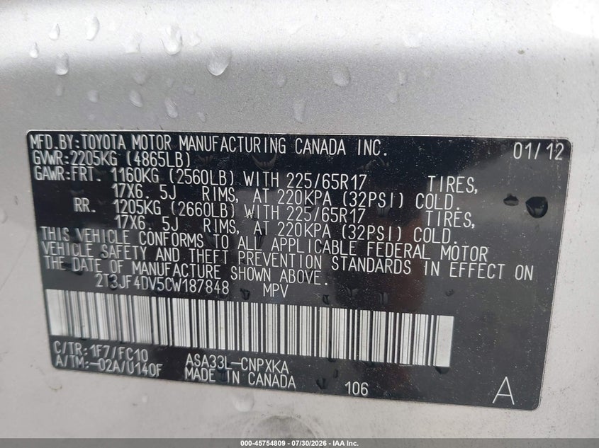 2012 Toyota Rav4 VIN 2T3JF4DV5CW187848 IAAI salvage auction — NORMAL WEAR, Clear (Massachusetts), sold $1,950 on 2026-09-02 (photo 9)