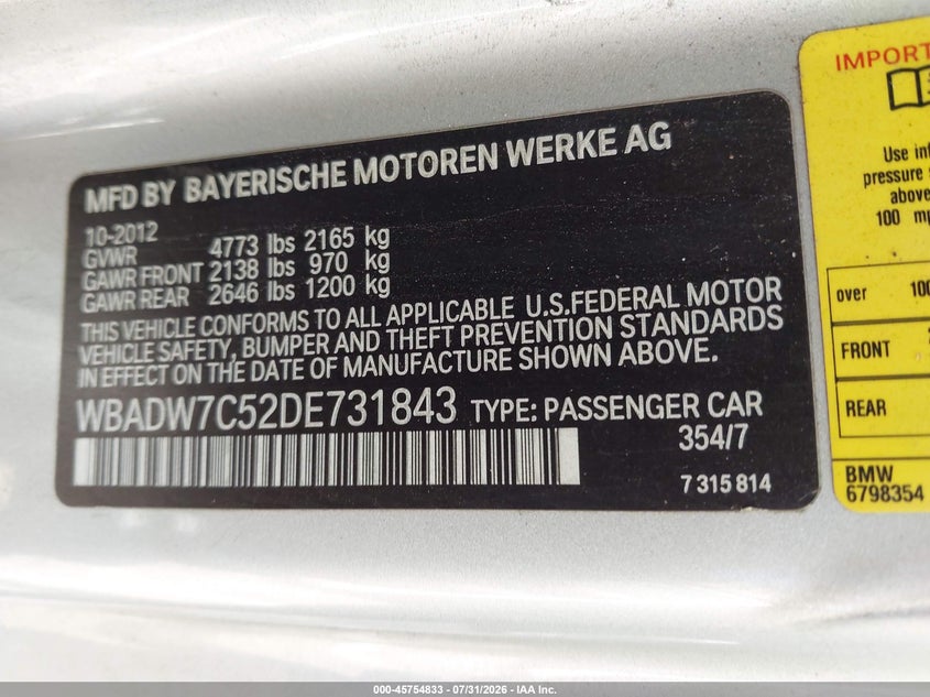 2013 BMW 3er VIN WBADW7C52DE731843 IAAI salvage auction — NORMAL WEAR, Clear (Montana), sold $1,400 on 2026-08-20 (photo 9)