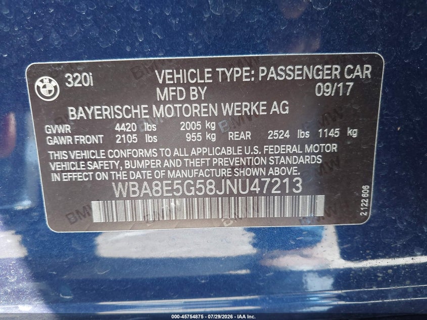 2018 BMW 3er VIN WBA8E5G58JNU47213 IAAI salvage auction — WATER/FLOOD, Salvage (Nebraska), sold $1,200 on 2026-08-30 (photo 9)