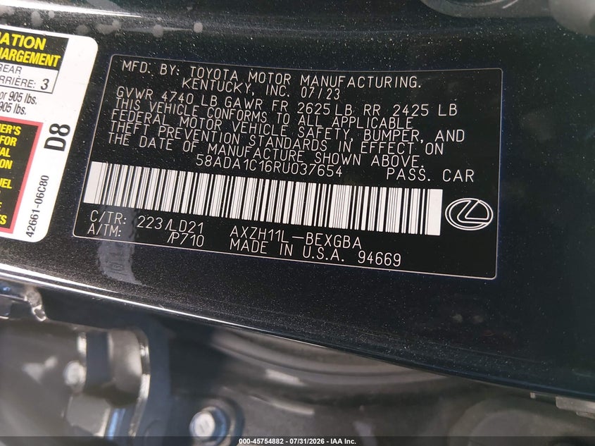 2024 Lexus ES VIN 58ADA1C16RU037654 IAAI salvage auction — RIGHT FRONT, Wait Title, sold $19,225 on 2026-10-07 (photo 9)
