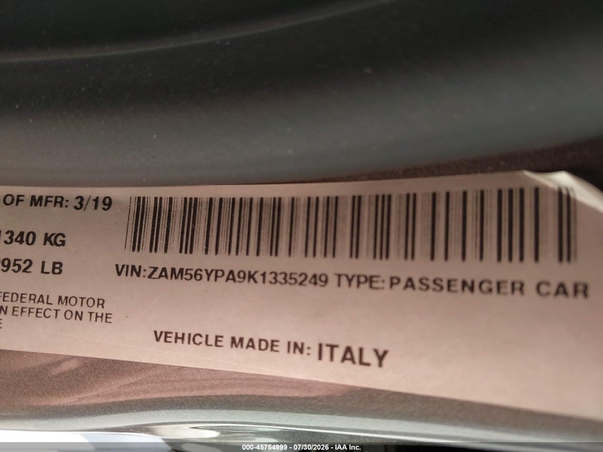 2019 Maserati Quattroporte VIN ZAM56YPA9K1335249 IAAI salvage auction — UNDERCARRIAGE, Wait Title, sold $6,950 on 2026-09-16 (photo 9)