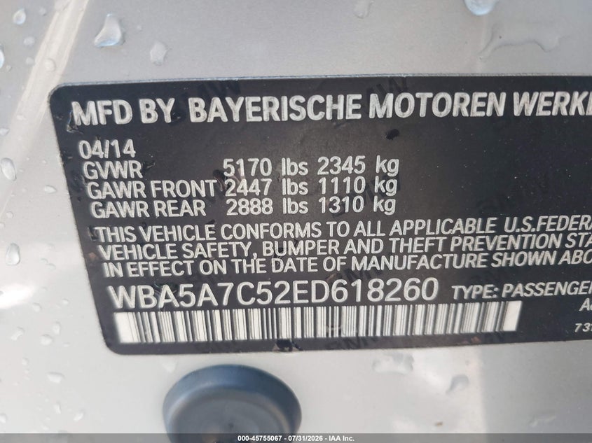 2014 BMW VIN WBA5A7C52ED618260 IAAI salvage auction — SIDE, Wait Title, sold $3,100 on 2026-08-17 (photo 9)