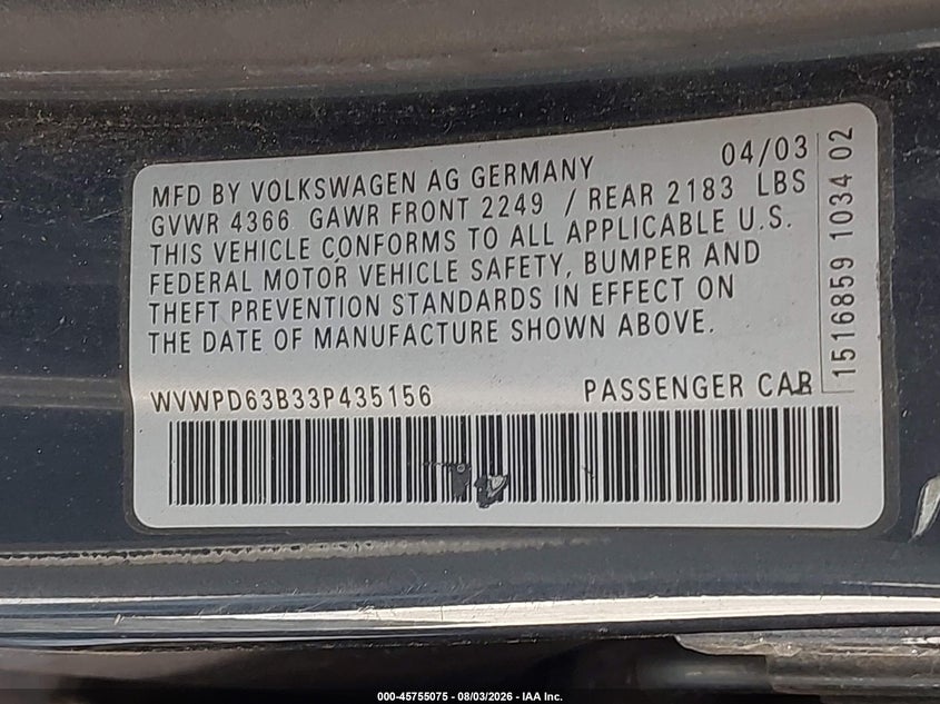 2003 Volkswagen Passat VIN WVWPD63B33P435156 IAAI salvage auction — NORMAL WEAR, Original (Kentucky), sold $225 on 2026-08-19 (photo 9)