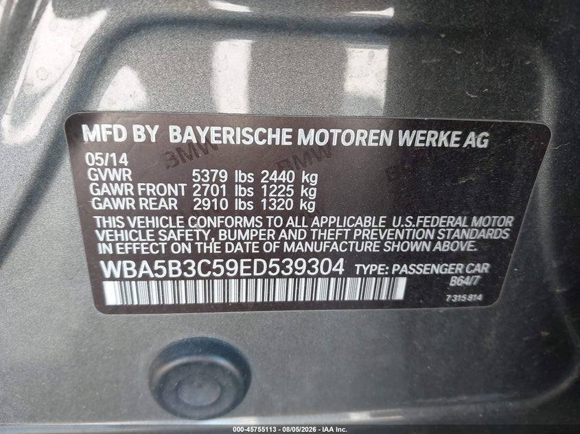 2014 BMW 5er VIN WBA5B3C59ED539304 IAAI salvage auction — FRONT END, Mv-907A (New York), sold $2,200 on 2026-08-13 (photo 9)