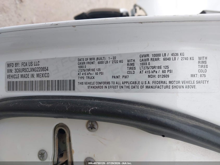 2022 Ram 2500 VIN 3C6UR5CLXNG220654 IAAI salvage auction — FRONT END, Salvage (Texas), sold $8,500 on 2026-08-23 (photo 9)