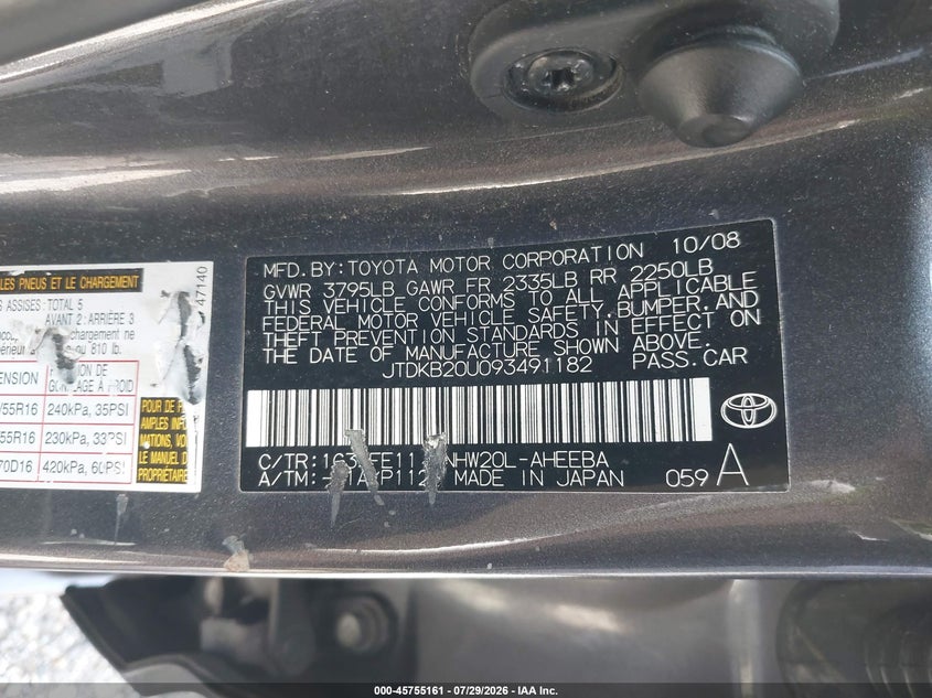 2009 Toyota Prius VIN JTDKB20U093491182 IAAI salvage auction — SIDE, Clear (Pennsylvania), sold $225 on 2026-07-31 (photo 9)