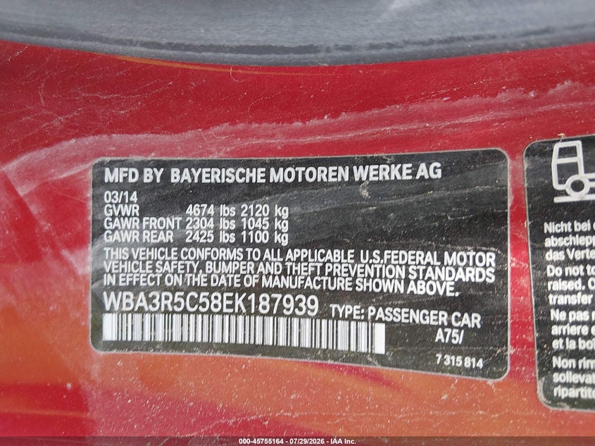2014 BMW 4 series VIN WBA3R5C58EK187939 IAAI salvage auction — FRONT END, Clear (Colorado), sold $975 on 2026-08-12 (photo 9)