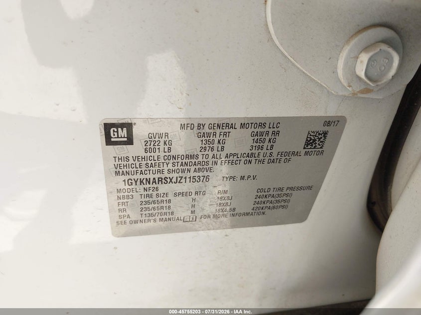 2018 Cadillac Xt5 VIN 1GYKNARSXJZ115376 IAAI salvage auction — RIGHT SIDE, Salvage Title, sold $1,850 on 2026-08-29 (photo 9)