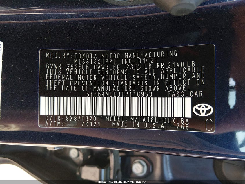 2026 Toyota Corolla VIN 5YFB4MDE3TP416953 IAAI salvage auction — NORMAL WEAR, Enterprise Vehicles Clear Only (Kansas), sold $11,400 on 2026-08-02 (photo 9)