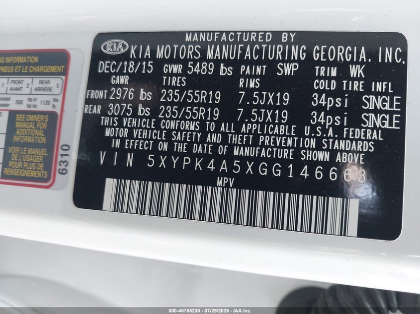 2016 Kia Sorento VIN 5XYPK4A5XGG146663 IAAI salvage auction — NORMAL WEAR, Clear (Virginia), sold $625 on 2026-07-30 (photo 9)