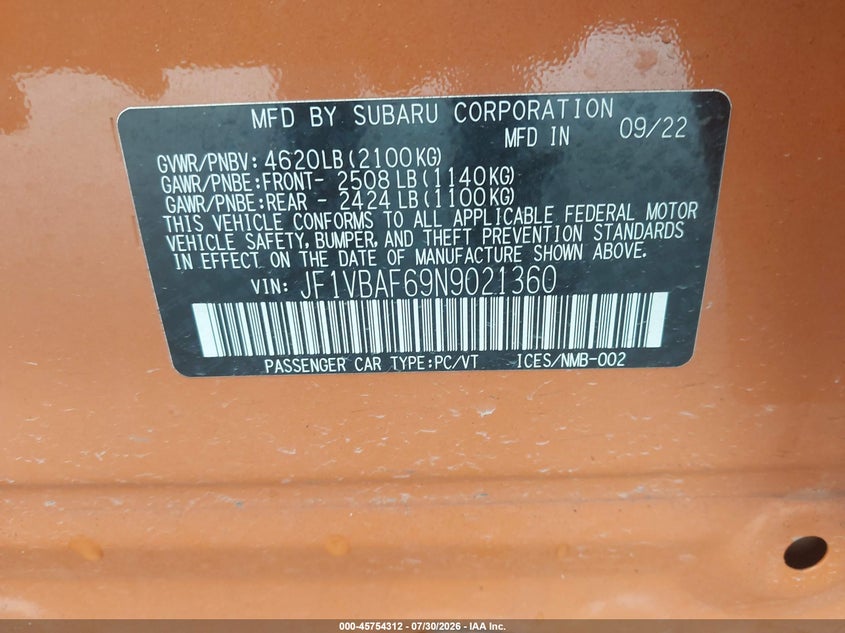 2022 Subaru Wrx VIN JF1VBAF69N9021360 IAAI salvage auction — REAR END, Wait Title, sold $8,300 on 2026-08-29 (photo 9)