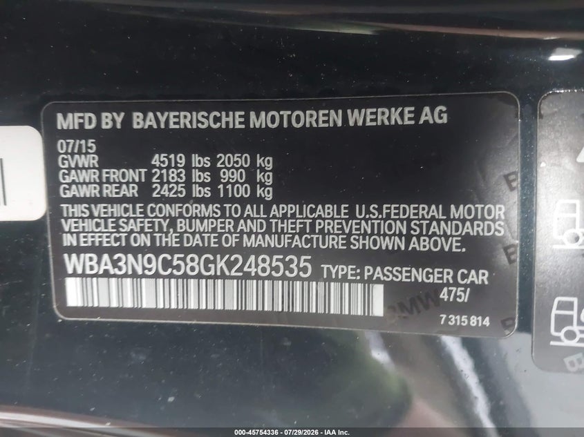 2016 BMW 4 series VIN WBA3N9C58GK248535 IAAI salvage auction — NORMAL WEAR, Clear (New Jersey), sold $1,650 on 2026-08-05 (photo 9)