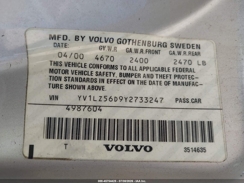 2000 Volvo V70 VIN YV1LZ56D9Y2733247 IAAI salvage auction — NORMAL WEAR, Original (Maine), sold $375 on 2026-08-10 (photo 9)