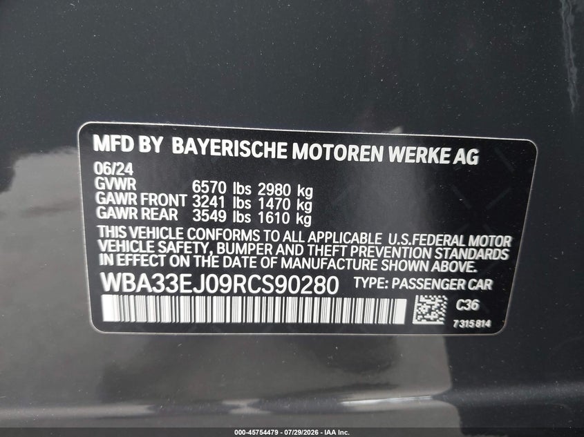 2024 BMW 7er VIN WBA33EJ09RCS90280 IAAI salvage auction — WATER/FLOOD, Wait Title, sold $28,750 on 2026-10-06 (photo 9)