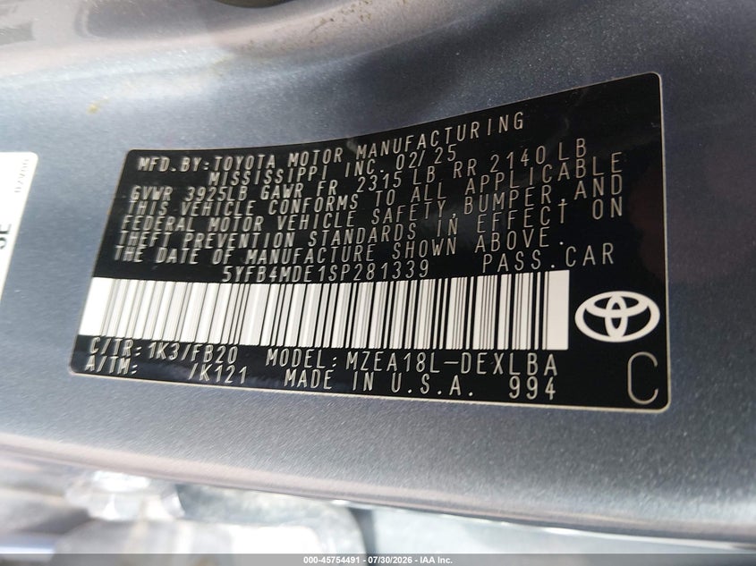 2025 Toyota Corolla VIN 5YFB4MDE1SP281339 IAAI salvage auction — FRONT END, Enterprise Vehicles Clear Only (Texas), sold $9,800 on 2026-08-02 (photo 9)