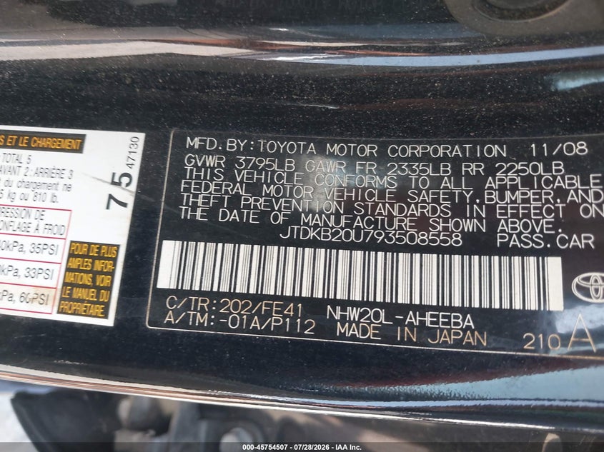 2009 Toyota Prius VIN JTDKB20U793508558 IAAI salvage auction — NORMAL WEAR, Clear (Georgia), sold $300 on 2026-07-31 (photo 9)