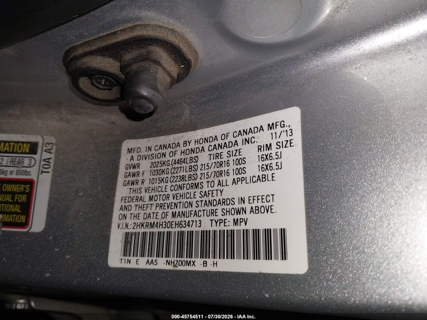 2014 Honda Cr-v VIN 2HKRM4H30EH634713 IAAI salvage auction — RIGHT FRONT, Salvage (Pennsylvania), sold $1,750 on 2026-08-20 (photo 9)