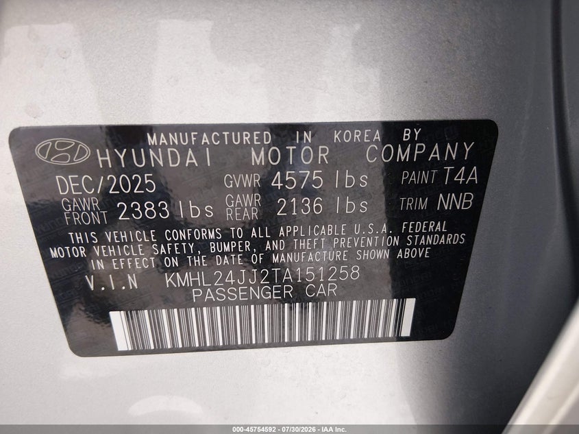 2026 Hyundai Sonata VIN KMHL24JJ2TA151258 IAAI salvage auction — REAR END, Enterprise Vehicles Clear Only (Texas), sold $14,800 on 2026-08-02 (photo 9)