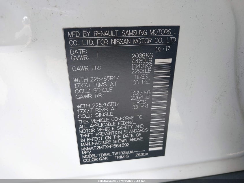 2017 Nissan Rogue VIN KNMAT2MTXHP564592 IAAI salvage auction — FRONT END, Salvage Title, sold $2,350 on 2026-08-28 (photo 9)