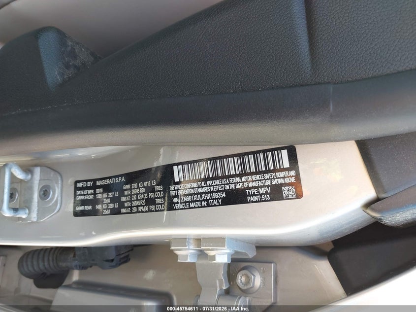 2017 Maserati Levante VIN ZN661XULXHX199354 IAAI salvage auction — NORMAL WEAR, Salvage Title, sold $3,150 on 2026-08-04 (photo 9)