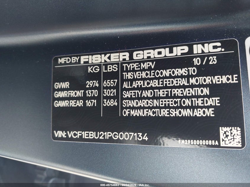 2023 Fisker Ocean VIN VCF1EBU21PG007134 IAAI salvage auction — ROOF, Salvage Title, sold $14,250 on 2026-09-02 (photo 9)