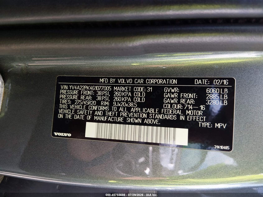2016 Volvo Xc90 VIN YV4A22PK4G1077005 IAAI salvage auction — NORMAL WEAR, Clear (New Jersey), sold $6,900 on 2026-08-03 (photo 9)