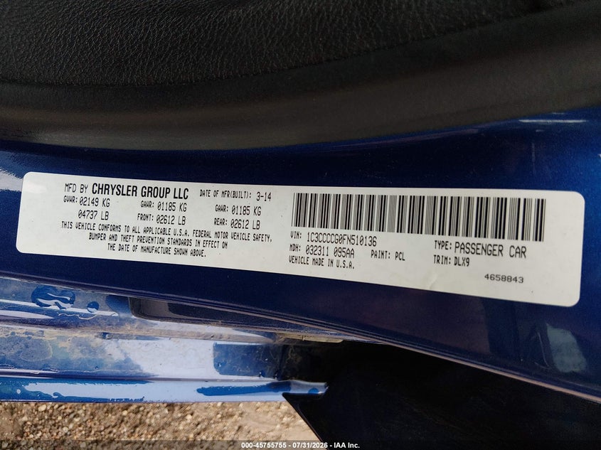 2015 Chrysler 200 VIN 1C3CCCCG0FN510136 IAAI salvage auction — REAR END, Certificate Of Title (Nebraska), sold $1,450 on 2026-08-26 (photo 9)