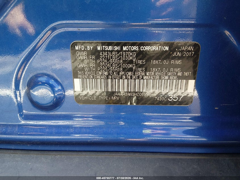 2017 Mitsubishi Outlander VIN JA4AR3AW3HZ065585 IAAI salvage auction — RIGHT SIDE, Salvage Title, sold $1,500 on 2026-09-18 (photo 9)
