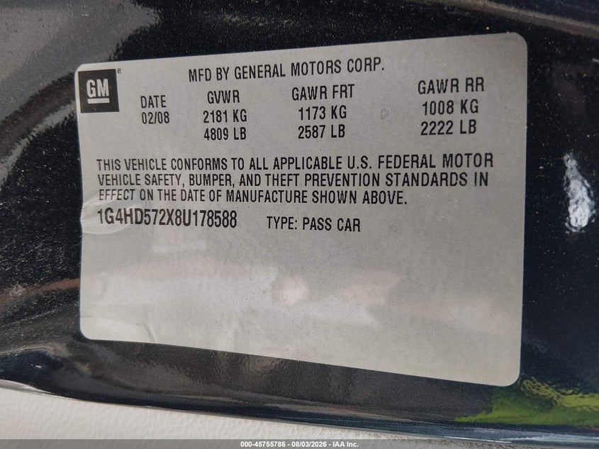 2008 Buick Lucerne VIN 1G4HD572X8U178588 IAAI salvage auction — LEFT FRONT, Clear (Virginia), sold $950 on 2026-08-21 (photo 9)