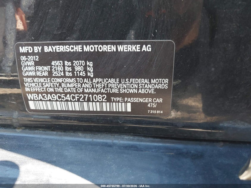 2012 BMW 3er VIN WBA3A9C54CF271082 IAAI salvage auction — FRONT END, Salvage (Ohio), sold $900 on 2026-08-19 (photo 9)