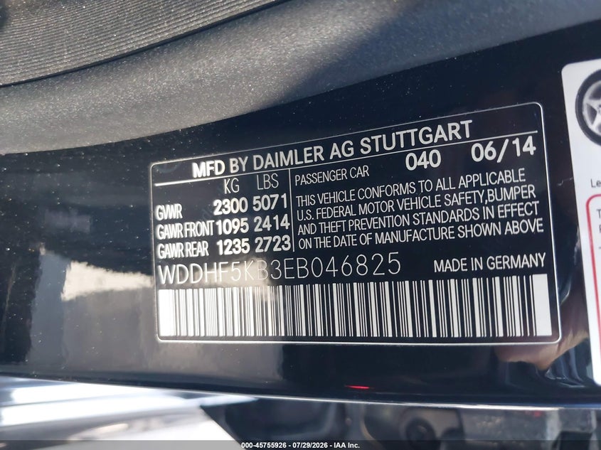 2014 Mercedes-benz E-klasse VIN WDDHF5KB3EB046825 IAAI salvage auction — FRONT END, Salvage Certificate (California), sold $1,050 on 2026-08-19 (photo 9)