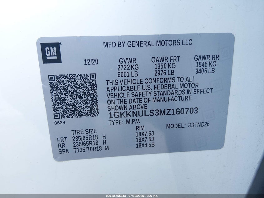 2021 Gmc Acadia VIN 1GKKNULS3MZ160703 IAAI salvage auction — REAR END, Salvage Title, sold $9,700 on 2026-08-19 (photo 9)