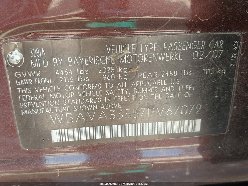 2007 BMW 3 series VIN WBAVA33557PV67072 IAAI salvage auction — NORMAL WEAR, Original (Texas), sold $200 on 2026-08-03 (photo 9)