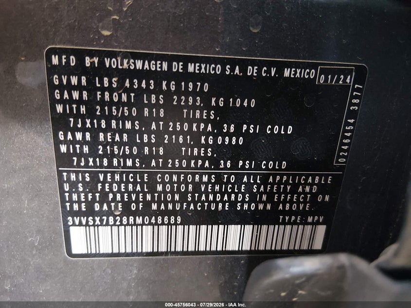 2024 Volkswagen Taos VIN 3VVSX7B28RM048689 IAAI salvage auction — FRONT END, Enterprise Vehicles Clear Only (Washington), sold $8,100 on 2026-09-11 (photo 9)