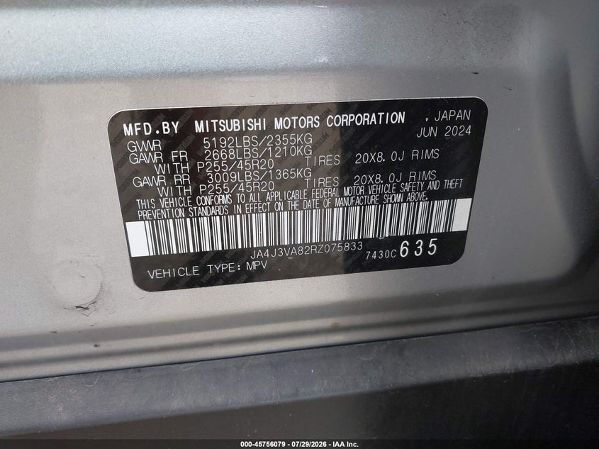 2024 Mitsubishi Outlander VIN JA4J3VA82RZ075833 IAAI salvage auction — FRONT END, Wait Title, sold $9,150 on 2026-09-23 (photo 9)
