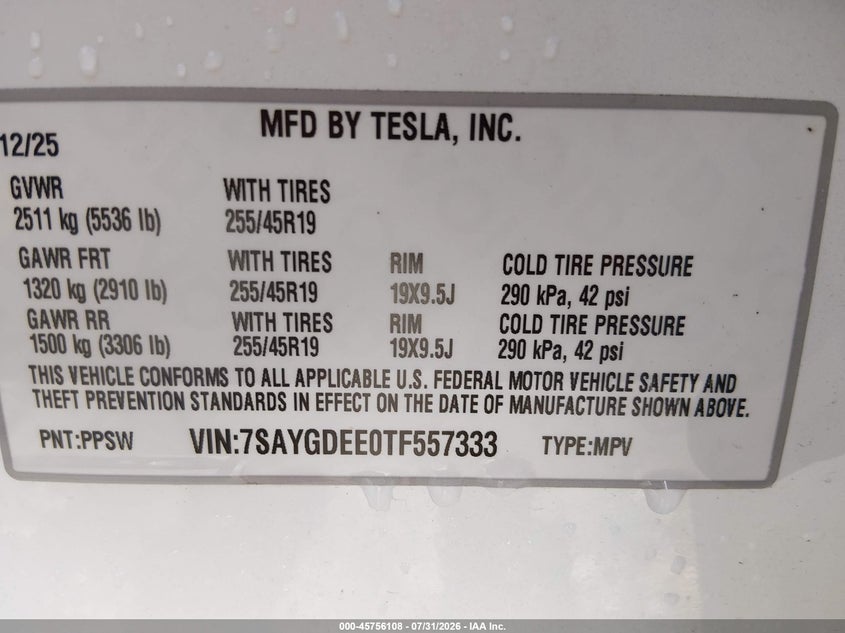 2026 Tesla Model y VIN 7SAYGDEE0TF557333 IAAI salvage auction — RIGHT FRONT, Wait Title, sold $28,300 on 2026-09-09 (photo 9)