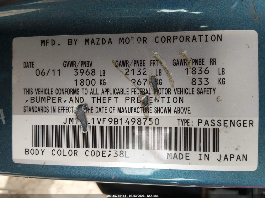 2011 Mazda 3 VIN JM1BL1VF9B1498750 IAAI salvage auction — REAR END, Salvage (West Virginia), sold $325 on 2026-08-30 (photo 9)