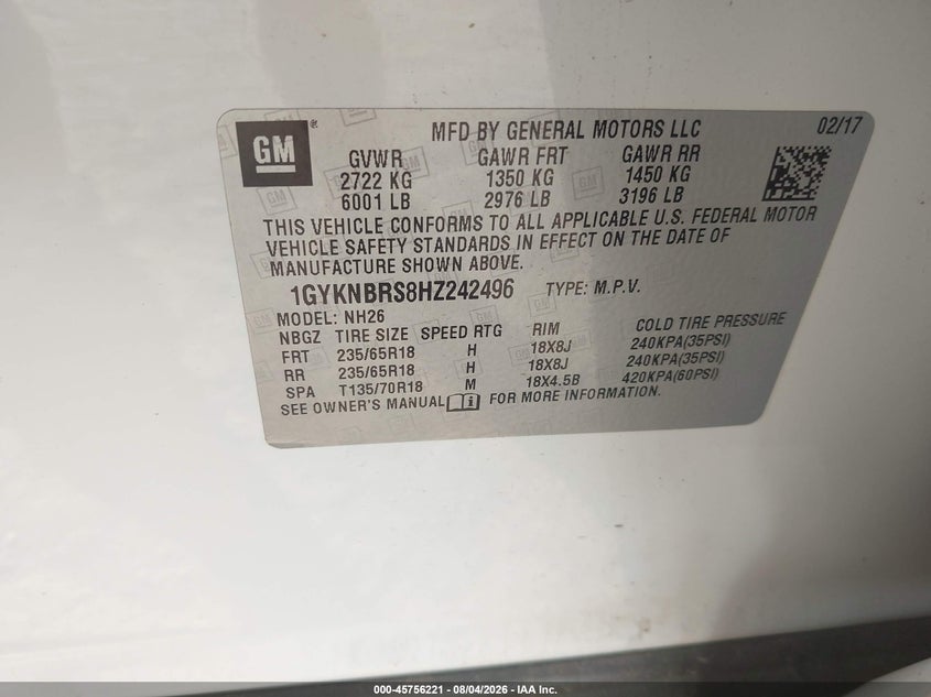 2017 Cadillac XT5 VIN 1GYKNBRS8HZ242496 IAAI salvage auction — Hail, Clear, sold $3,250 on 2026-10-14 (photo 9)