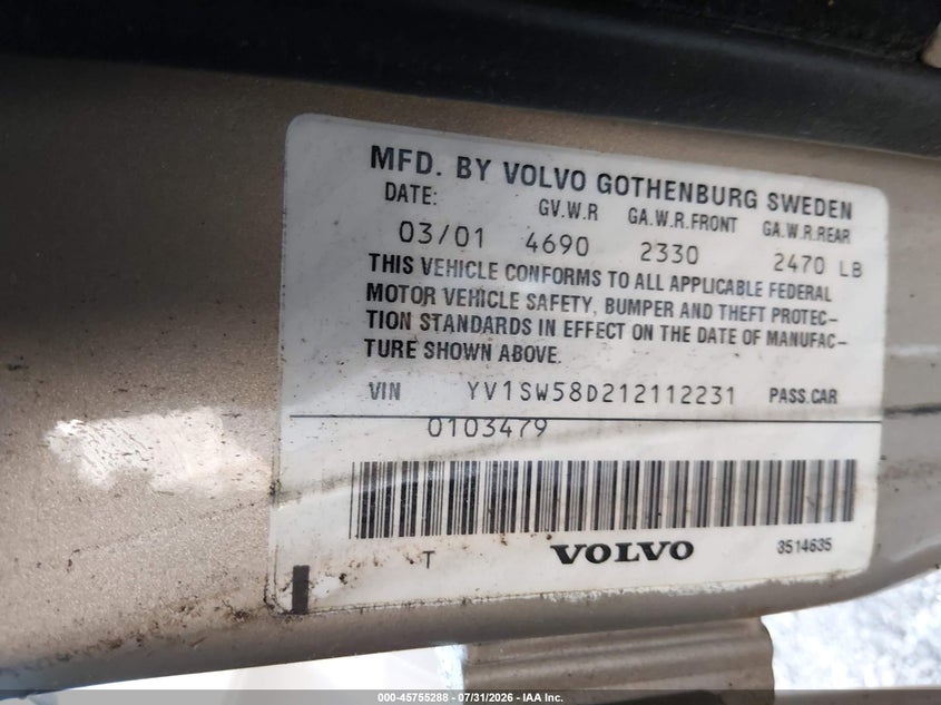 2001 Volvo V70 VIN YV1SW58D212112231 IAAI salvage auction — NORMAL WEAR, Clear (New Jersey), sold $25 on 2026-08-06 (photo 9)