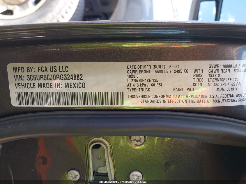 2024 Ram 2500 VIN 3C6UR5CJ0RG324882 IAAI salvage auction — WATER/FLOOD, Salvage Title, sold $20,900 on 2026-09-24 (photo 9)