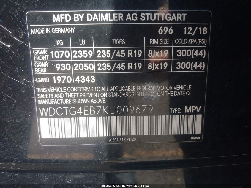 2019 Mercedes-benz Gla-klasse VIN WDCTG4EB7KU009679 IAAI salvage auction — LEFT FRONT, Salvage Title, sold $3,100 on 2026-08-06 (photo 9)