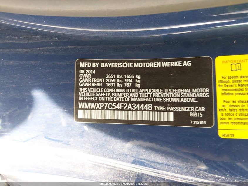 2015 Mini Hard top VIN WMWXP7C54F2A34448 IAAI salvage auction — RIGHT FRONT, Wait Title, sold $1,450 on 2026-08-26 (photo 9)