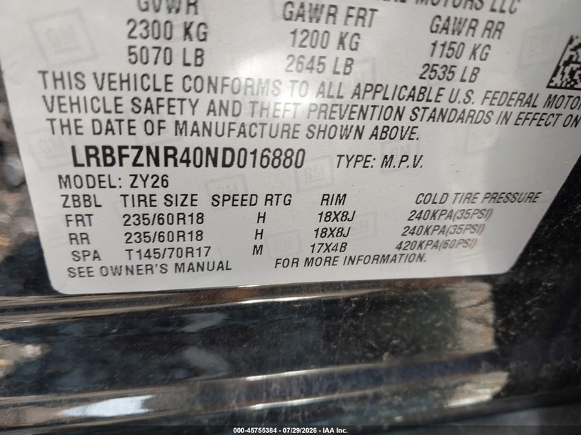 2022 Buick Envision VIN LRBFZNR40ND016880 IAAI salvage auction — NORMAL WEAR, Clear (Michigan), sold $35,000 on 2026-08-06 (photo 9)