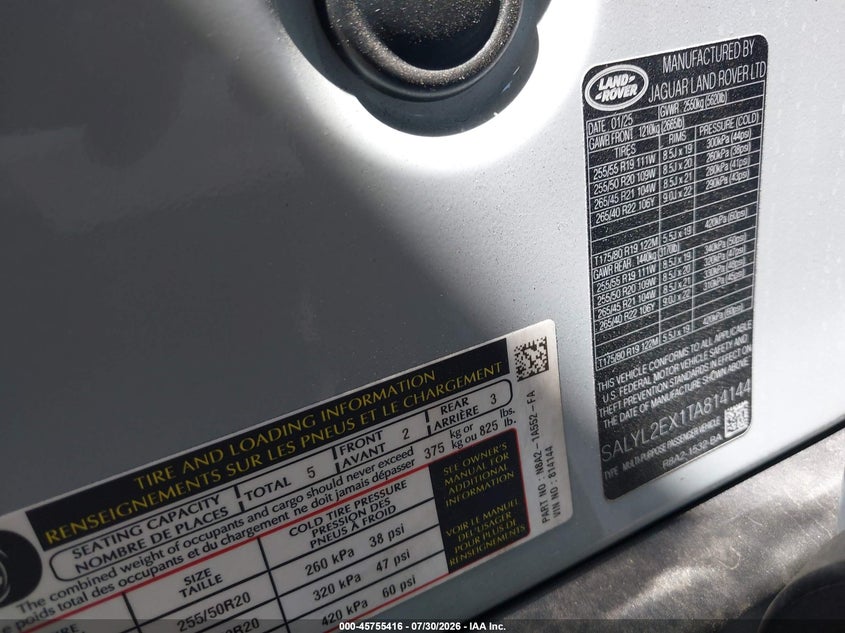 2026 Land rover Range rover velar VIN SALYL2EX1TA814144 IAAI salvage auction — REAR END, Salvage Title, sold $27,450 on 2026-09-16 (photo 9)