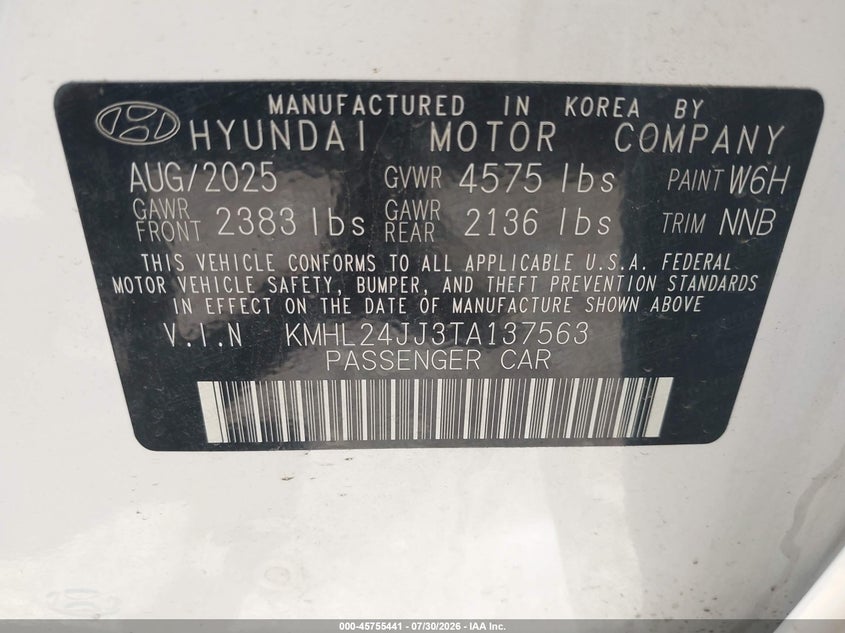 2026 Hyundai Sonata VIN KMHL24JJ3TA137563 IAAI salvage auction — RIGHT FRONT, Salvage Title, sold $15,000 on 2026-08-03 (photo 9)