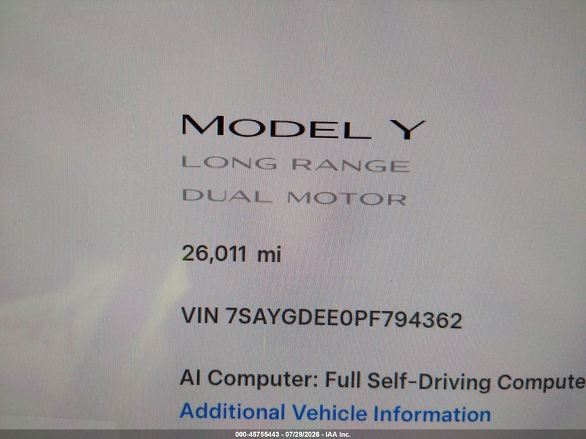2023 Tesla Model Y VIN 7SAYGDEE0PF794362 IAAI salvage auction — Front End, Salvage, sold $13,800 on 2026-10-15 (photo 7)