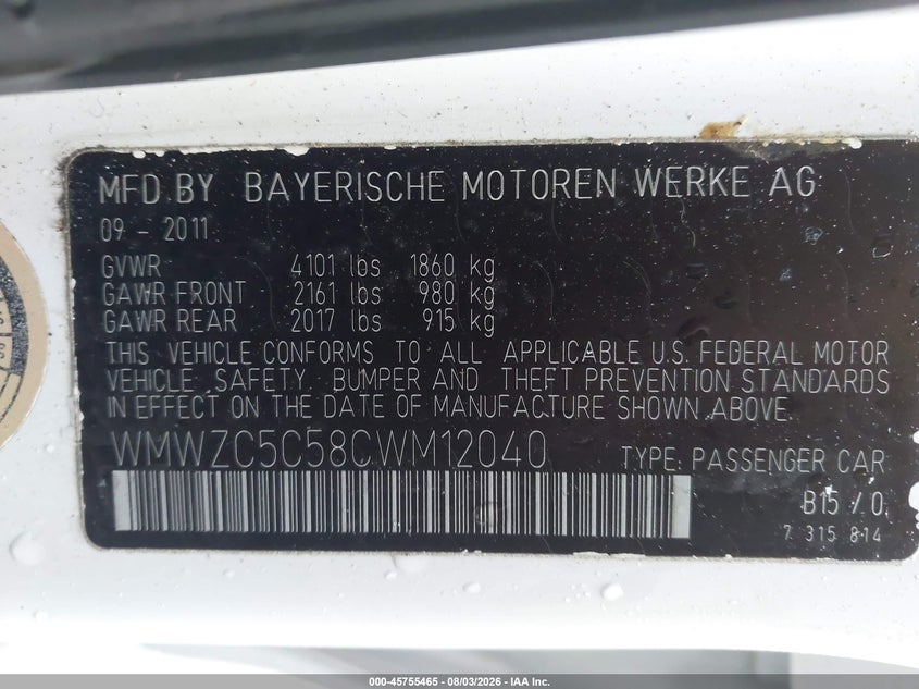 2012 Mini VIN WMWZC5C58CWM12040 IAAI salvage auction — NORMAL WEAR, Salvage Title, sold $1,475 on 2026-08-10 (photo 9)