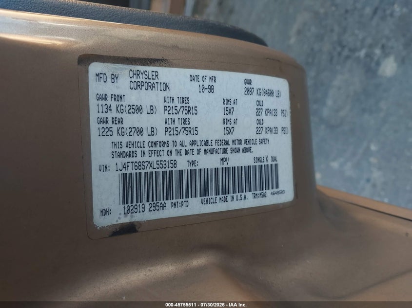 1999 Jeep Cherokee VIN 1J4FT68S7XL553158 IAAI salvage auction — NORMAL WEAR, Clear - Dealer Only (California), sold $825 on 2026-08-02 (photo 9)
