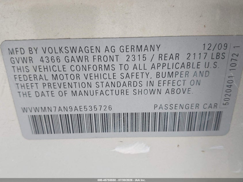 2010 Volkswagen Cc VIN WVWMN7AN9AE535726 IAAI salvage auction — NORMAL WEAR, Original (Texas), sold $300 on 2026-08-03 (photo 9)